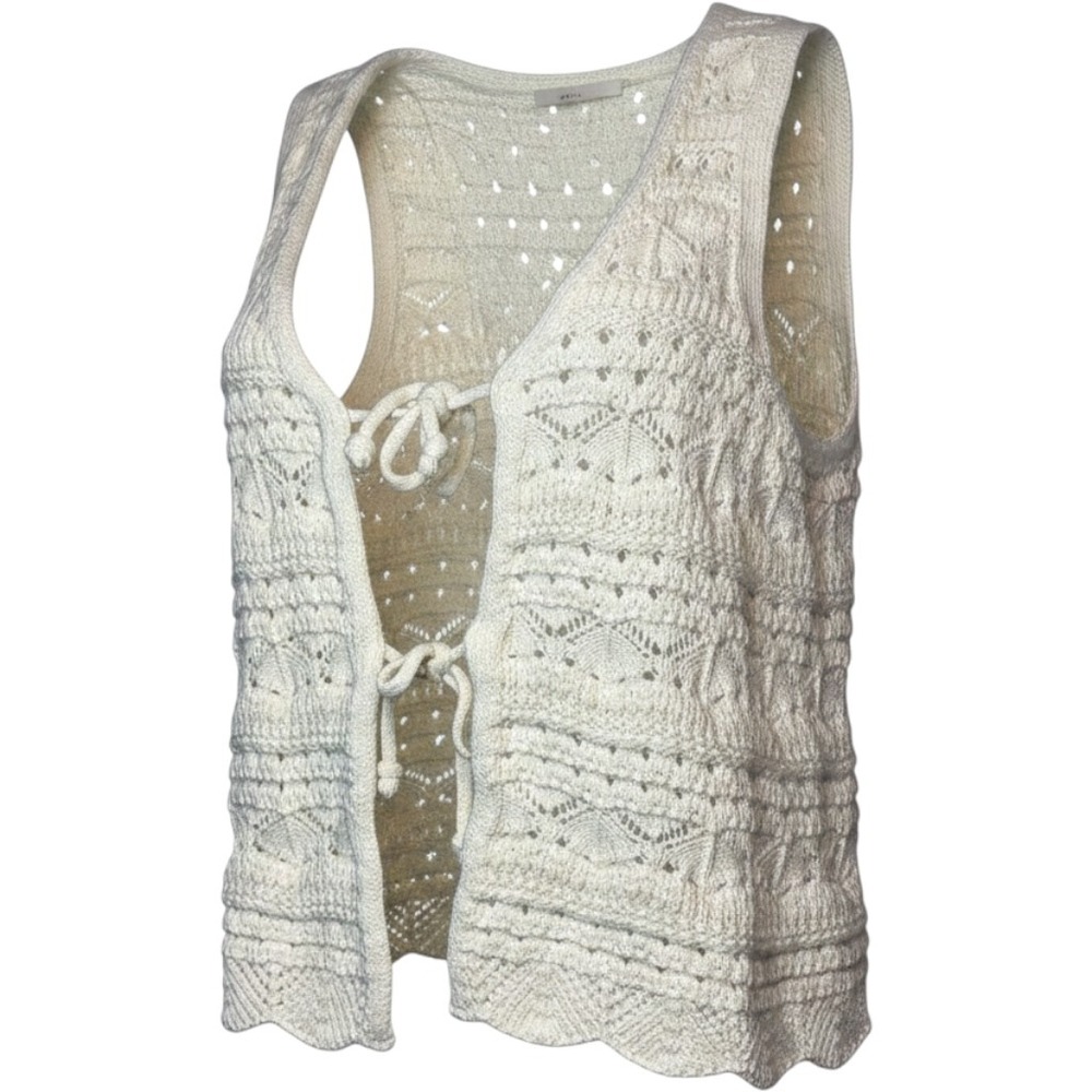 Boho Cottagecore Ivory Crochet Knit Vest Tie Front Pointelle Cream Medium Coast